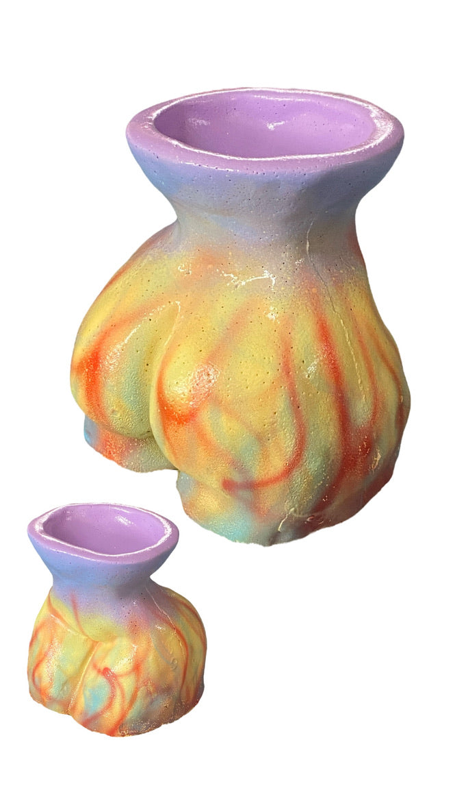 Terracotta body-form concrete ashtray with dark tribal tattoo design, large and mini sizes