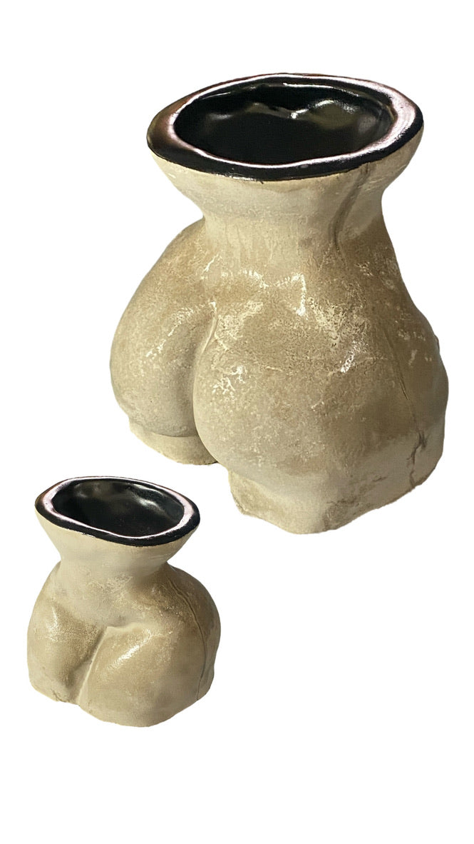 Asstray — Raw Clay Black Rim, concrete body-form ashtray in raw beige with black glazed interior rim