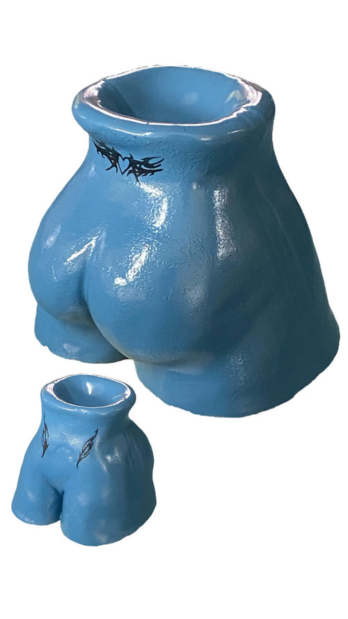 Blue body-form concrete ashtray with tribal tattoo design, large and mini sizes