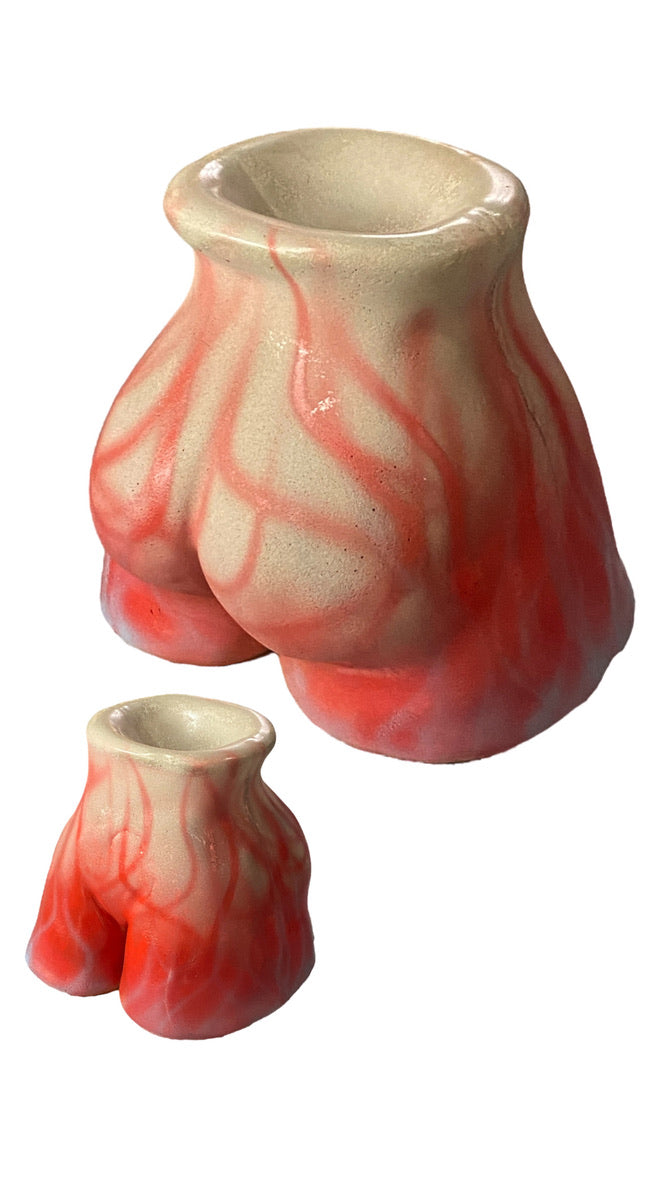 Red, orange and yellow glossy body-form concrete ashtray with yellow rim, large and mini sizes